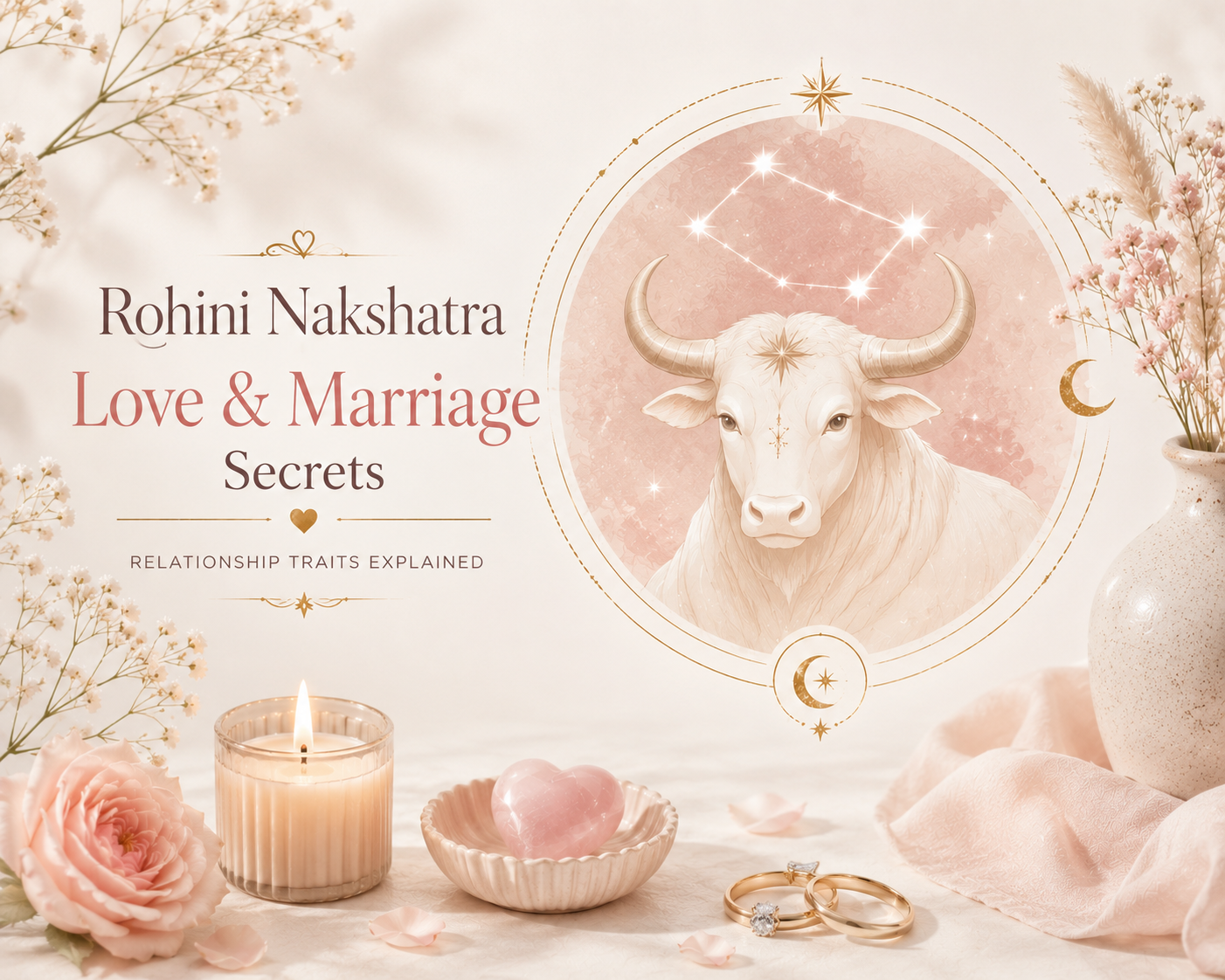 Soft pastel astrology-themed illustration featuring Rohini Nakshatra love and marriage secrets, with a sacred white bull inside a glowing zodiac circle, constellation stars, candles, roses, wedding rings, and romantic decor in blush pink and cream tones. Elegant spiritual design symbolizing relationships, romance, and marriage compatibility in Vedic astrology.